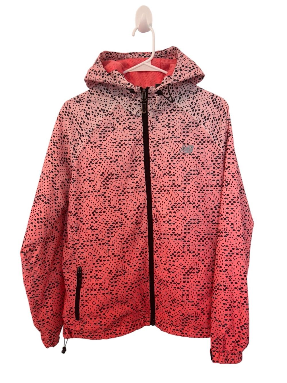 EUC New Balance Pink Black Ombre Spotted Hooded Windbreaker Large - Picture 5 of 7